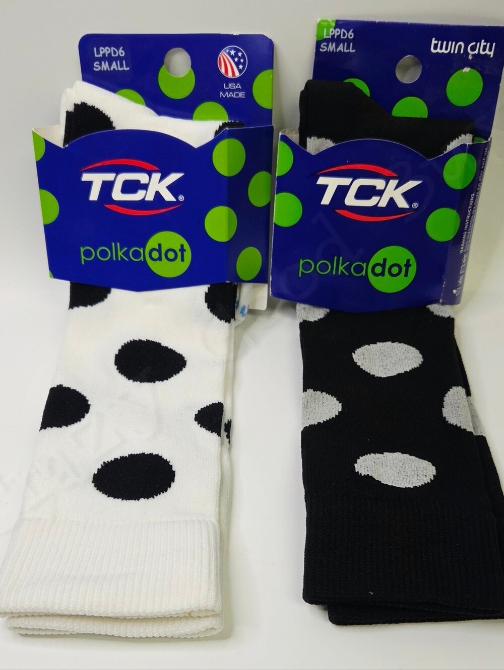 2pk TCK Black & White Polka Dot Mid-calf Socks Small, Kids Shoe Sz 3-6, Wmn 4-7